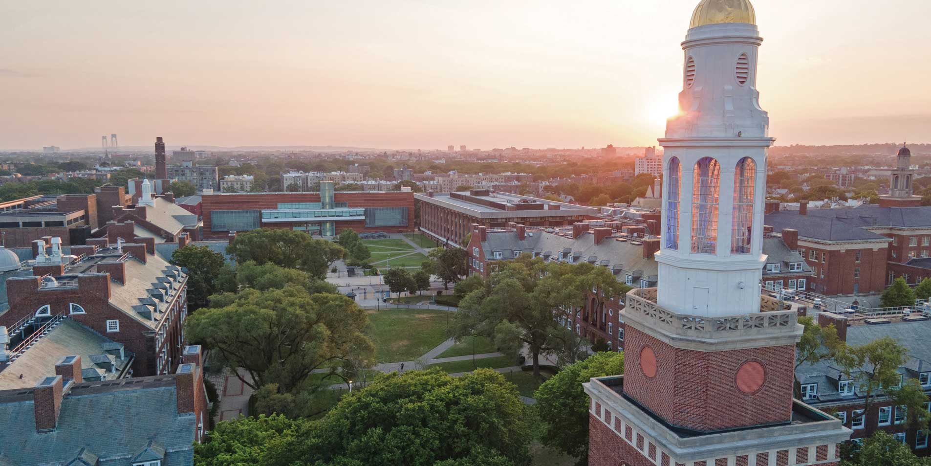 aerial view of campus at sunset